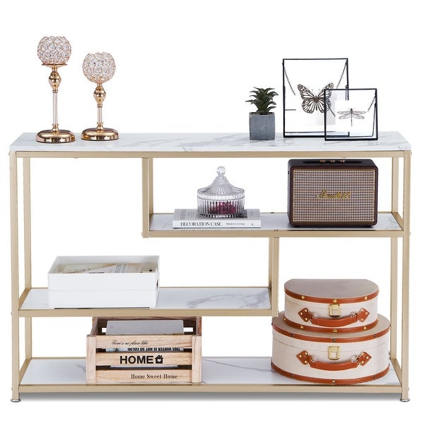 Mcombo 3-Tier Console Table with Storage, White Entryway Table with Shelves, Gold Small Table Sofa Tables for Living Room