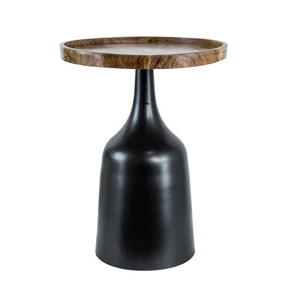 20, 17 Inch Side Table, Acacia Wood, Flared Pedestal Base, Aluminum, Black - 36.5 H x 30 W x 21 L