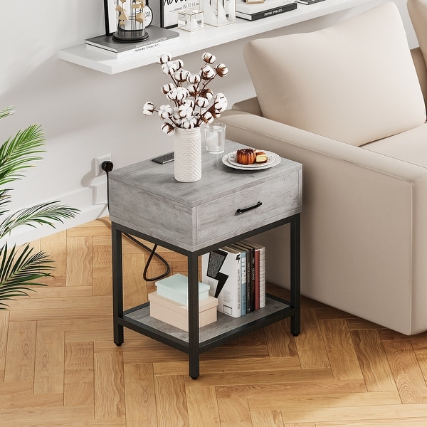 Nightstand-Bedside Table with Charging Station Type-CandUSB Ports, Modern End Table
