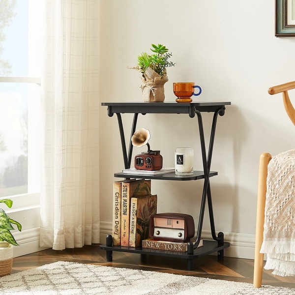 VECELO Modern 3-tier Side Table/End Table, X-cross Metal Frame Storage Shelf - (Set of 2)