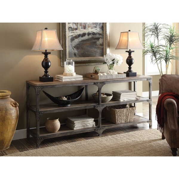Table With 4 Shelves, Weathered Oak and Antique Silver- Saltoro Sherpi