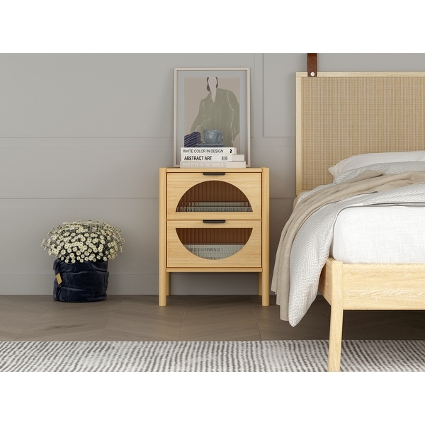 2 Drawer End Table,Bamboo Mid Century Modern Nightstand,Bedside Table Accent End Table Side Table for Living Room