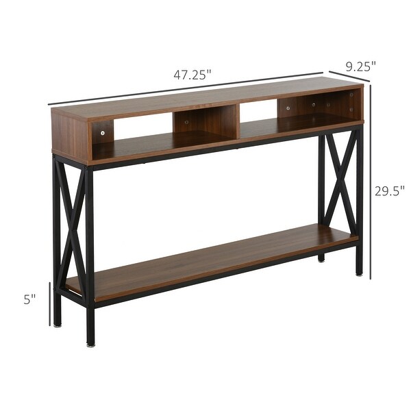 HOMCOM Industrial Style Entryway Console Table Desk with Shelf for Living Room, or Bedroom, Walnut Wood Grain