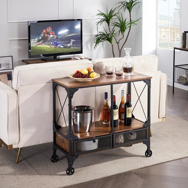Industrial Console Table with Drawer and Storage Shelf, 4-Foot Wheels, Brown