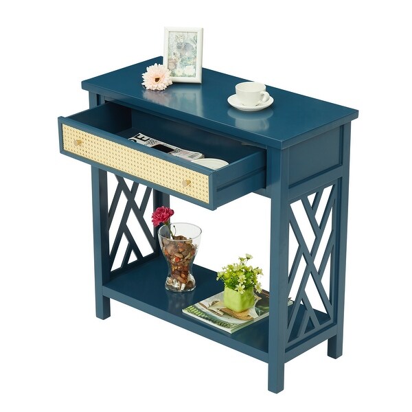 Kinbor Wood Console Table with Rattan Drawer and Bottom Shelf, Modern Sofa Table Entry Hallway Table for Living Room Bedroom