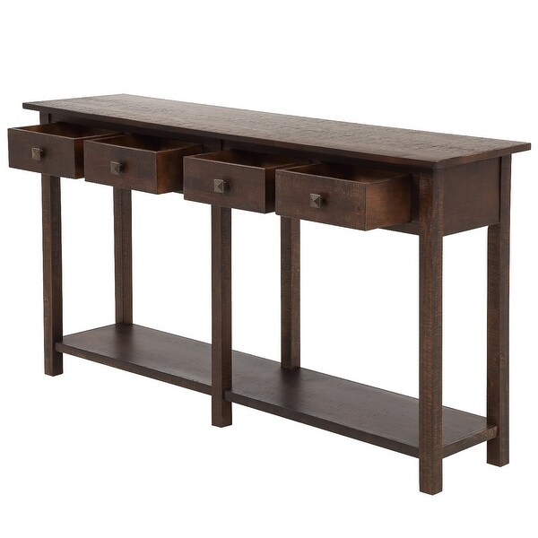 Rustic Brushed Texture Console Table with 4 Drawers and a Open Bottom Shelf, Classic Wood Entryway Table for Living Room, Entryway