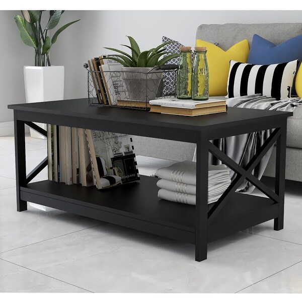 Coffee Table 39.56 in. L, X leg End Table with Bottom Shelf, Black