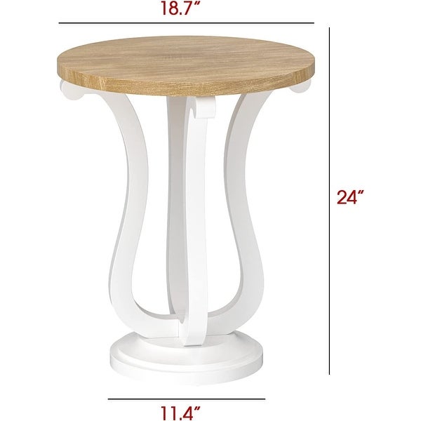 Farmhouse Round End Table, Rustic Wood Side Table for Living Room/Bedroom, White/Natural
