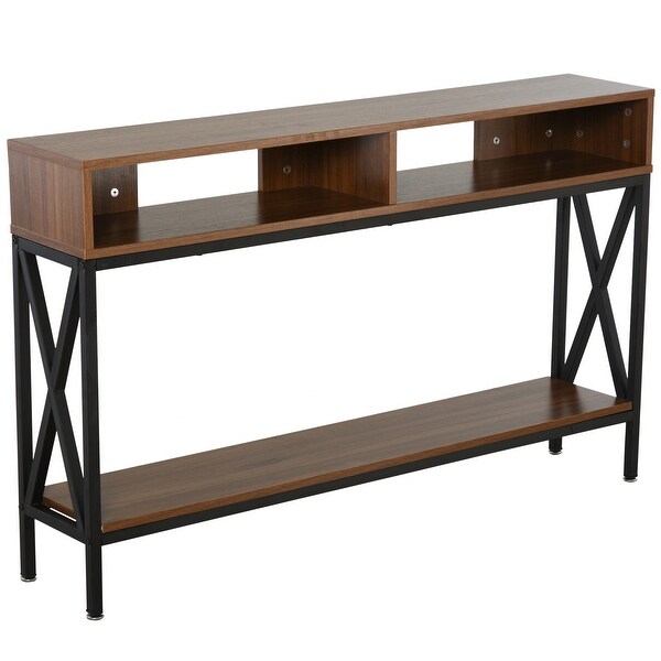 HOMCOM Industrial Style Entryway Console Table Desk with Shelf for Living Room, or Bedroom, Walnut Wood Grain