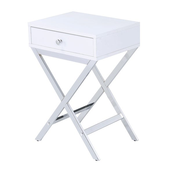 Wood and Metal Side Table with Crossed Base, White and Silver