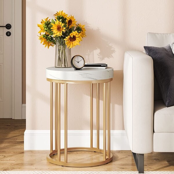 White Gold Round End Table, Modern Bedside Nightstand Faux Marble Top