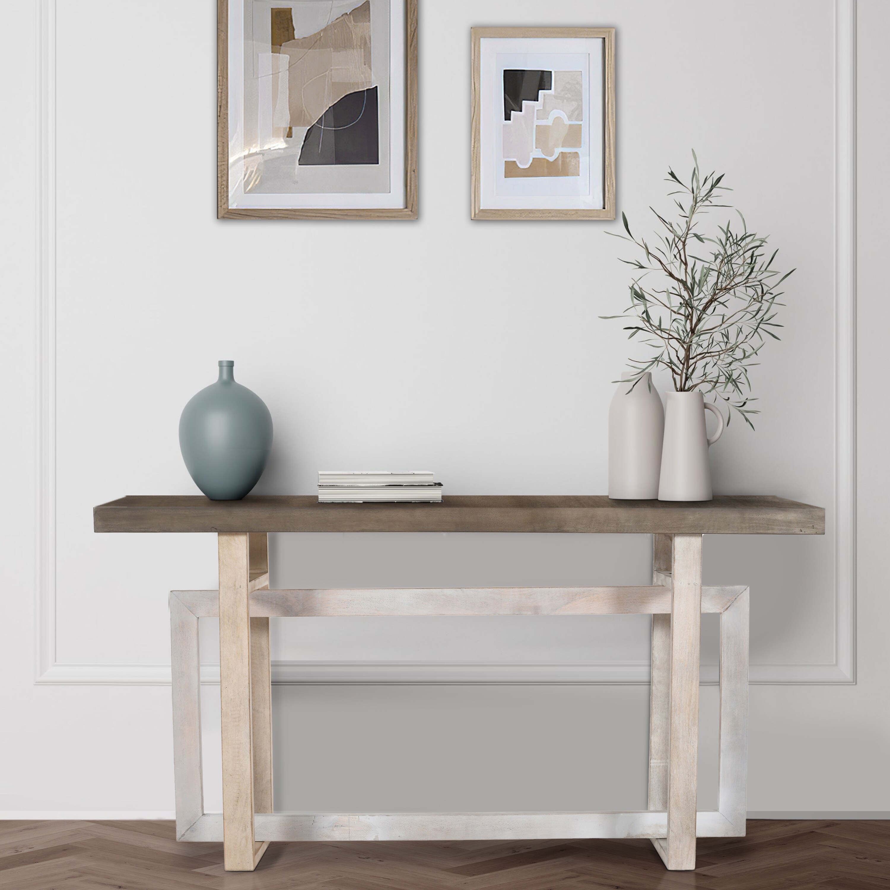 59 Inch Artisan Crafted Farmhouse Console Table with Geometric Interlocked Base, Rustic Light Brown