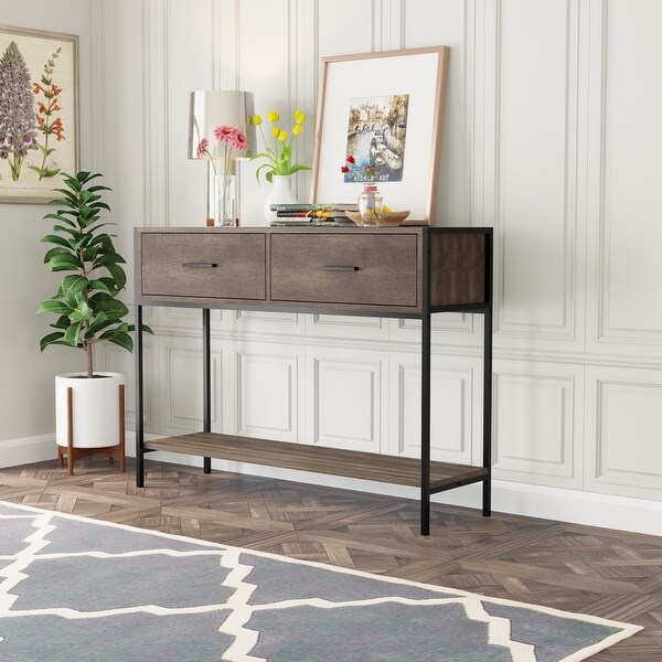 Classic Console Table with Two Top Drawers and Open Shelf,Vintage Storage with Sturdy Metal Frame