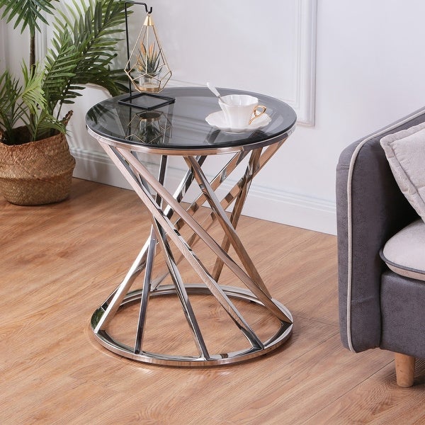 Round Glass Top Side Table with Stainless Steel Frame for Living Room, Modern Spiral Center Table Small Coffee Table End Table