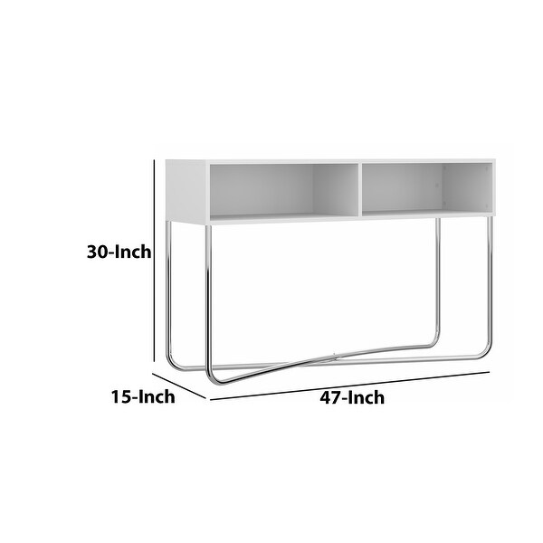 Wooden Console Table with 2 Open Compartments and Metal Frame, White and Chrome