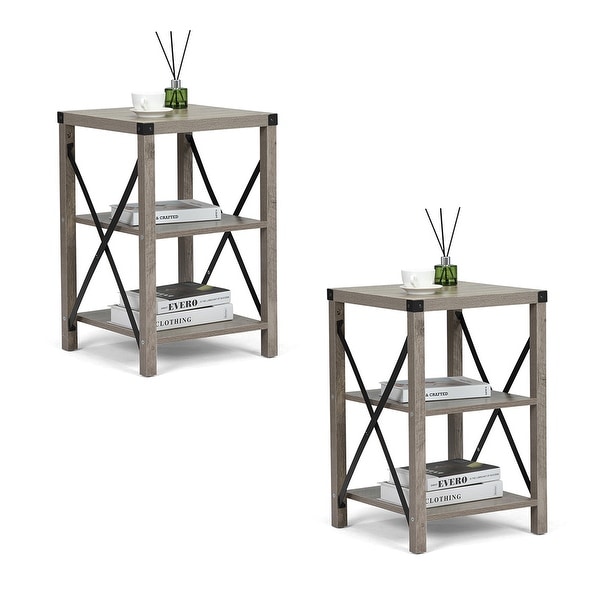 2pcs Farmhouse Side Table with 3-Tier Shelf and X-Shaped Metal Support