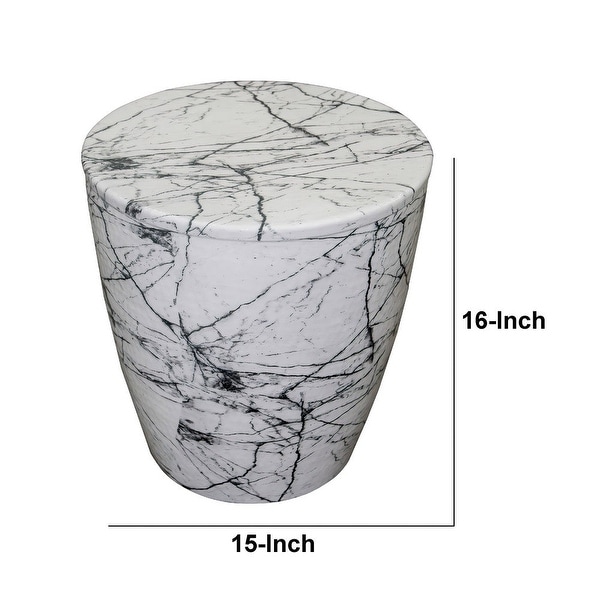 16 Inch Round Accent Side Table, Aluminum Sheet, Faux Marble, Enamel Coating, White - 16 H x 15 W x 15 L