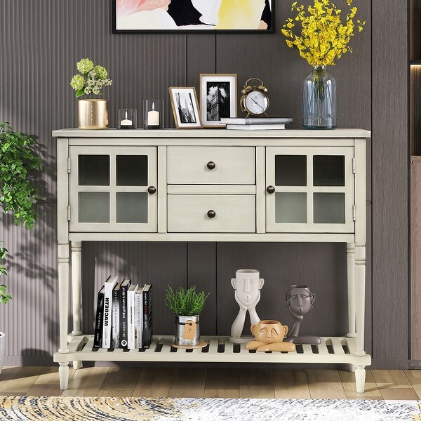 Sideboard Console Table with Bottom Shelf, Farmhouse Wood Glass Buffet Storage Cabinet Living Room Antique Grey