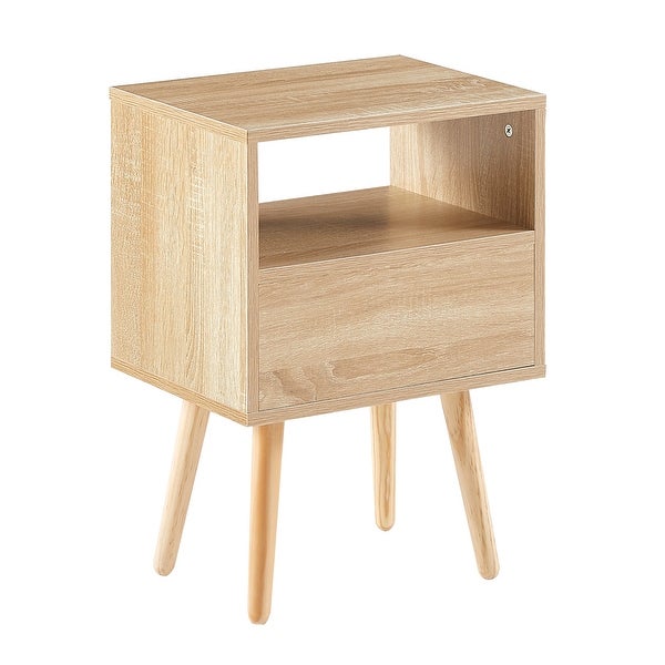 Modern Rattan Side table/Nightstand with 1 Shelf,1 drawer and 4 Solid Wood Legs