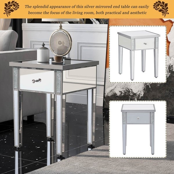 Modern Glass Mirrored End Table w/Drawer, Corner Table for Living Room