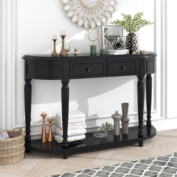 Retro Romanesque Style Curved Design Solid Wood Console Table, Entryway Table with 2 Top Drawers and Open Shelf for Living Room