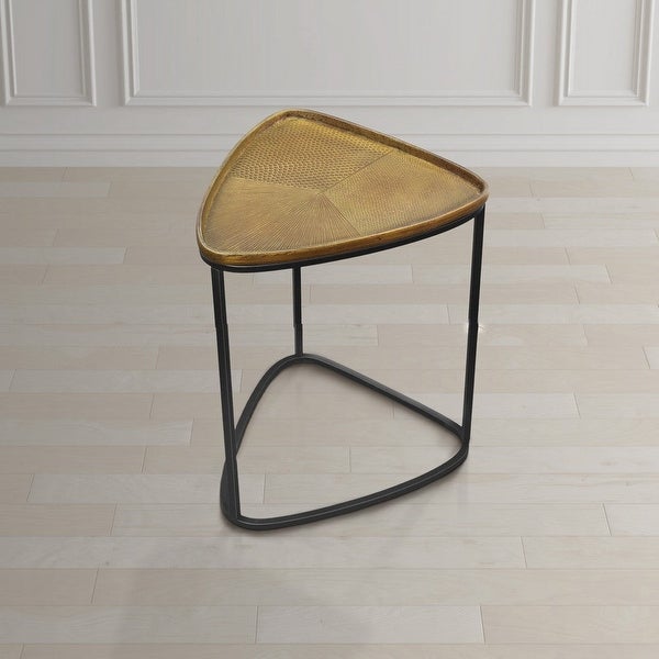 19 Inch Aluminum Side End Table, Iron Frame, Guitar Pick Shaped Top, Antique Brass, Black - 18.6 H x 14.7 W x 15.6 L I