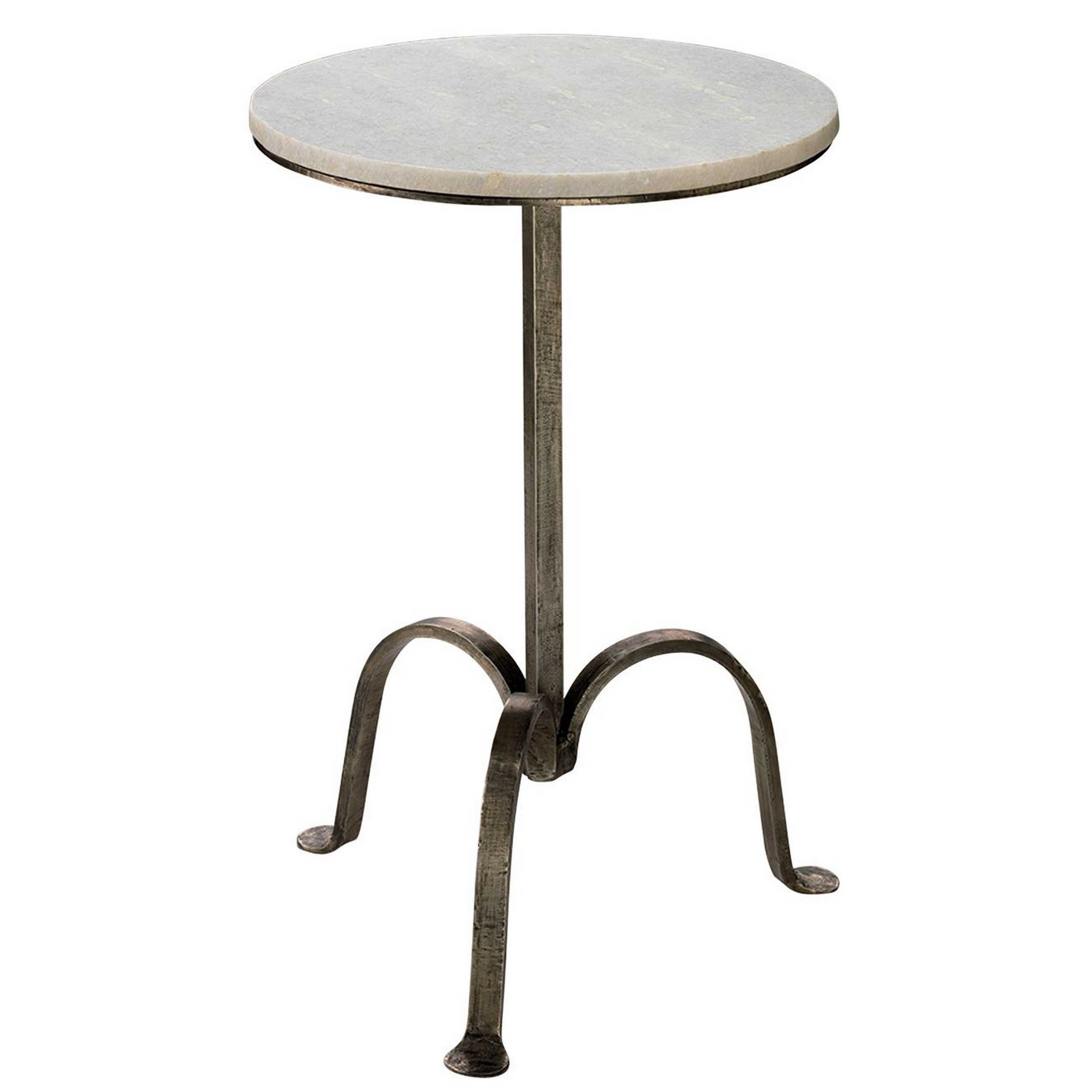 22 Inch Accent Side Table, Round Marble Top, Curved Metal Tripod Base, Gray