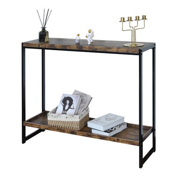 2-tiers Storage Shelf Console Table Antique Brown Rectangle End Table with Metal Frame Side Table for Living Room,Bedroom
