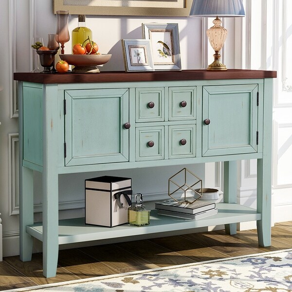 Wooden Console Table with 4 Storage Drawers and 2 Cabinets, Sofa Table with Bottom Shelf and Solid Wood Legs, Retro Blue