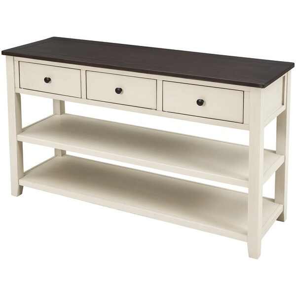 Retro Design Console Table with Two Open Shelves, Pine Solid Wood Frame and Legs