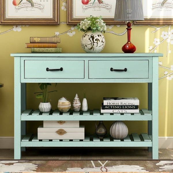 Retro Console Table for Entryway with Drawers and Shelf, Antique Blue