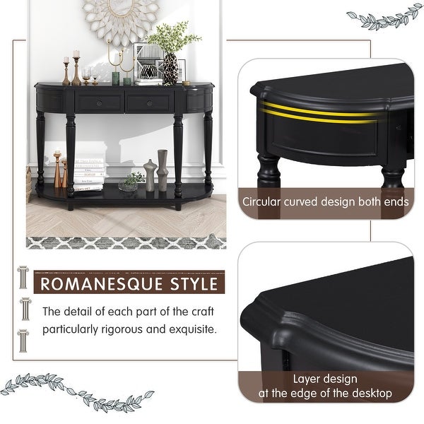 Retro Romanesque Style Curved Design Solid Wood Console Table, Entryway Table with 2 Top Drawers and Open Shelf for Living Room