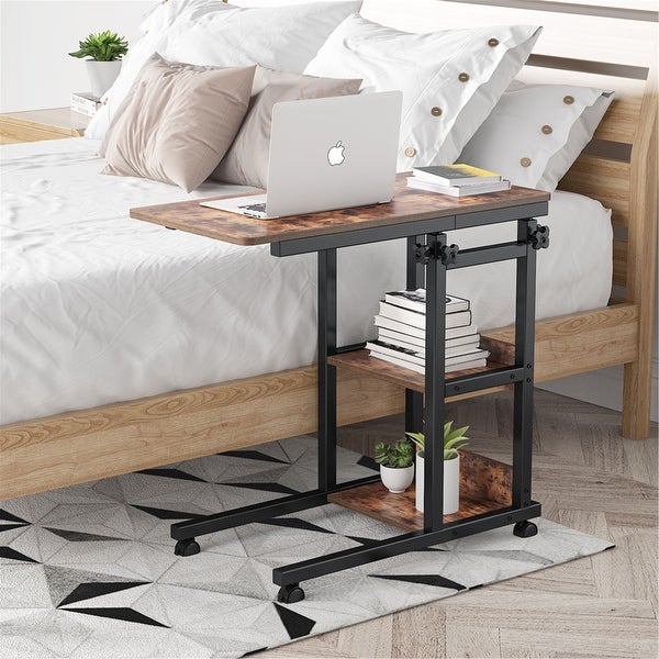 Height Adjustable C Table, Sofa Side Tables, Mobile End Table with Storage Shelves