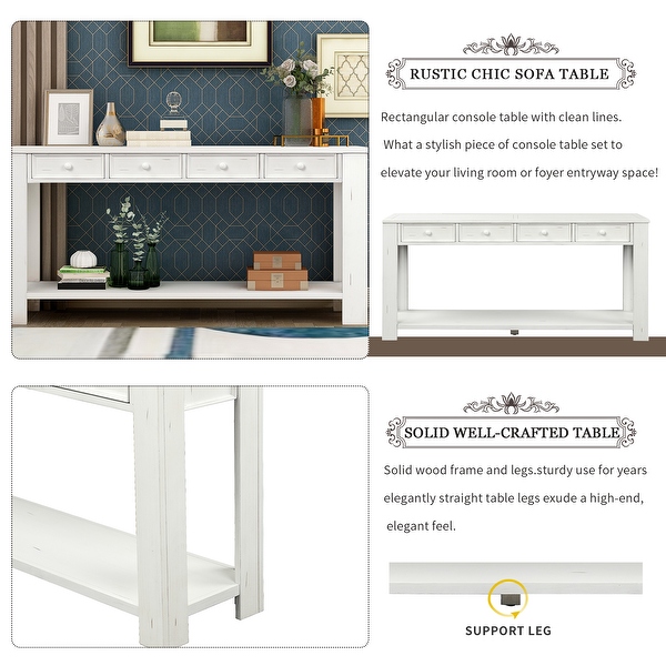 Chic Console Table Side Table with 4 Drawers and Bottom Open Shelf, Solid Wood Sofa Table Entryway Table for Entryway Living Room
