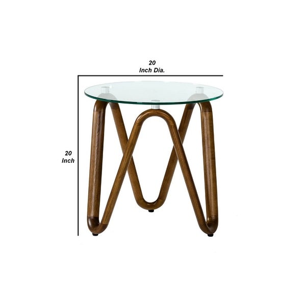 Cid 20 Inch Modern End Side Table, Glass Top, Artisanal Wavy Base, Walnut
