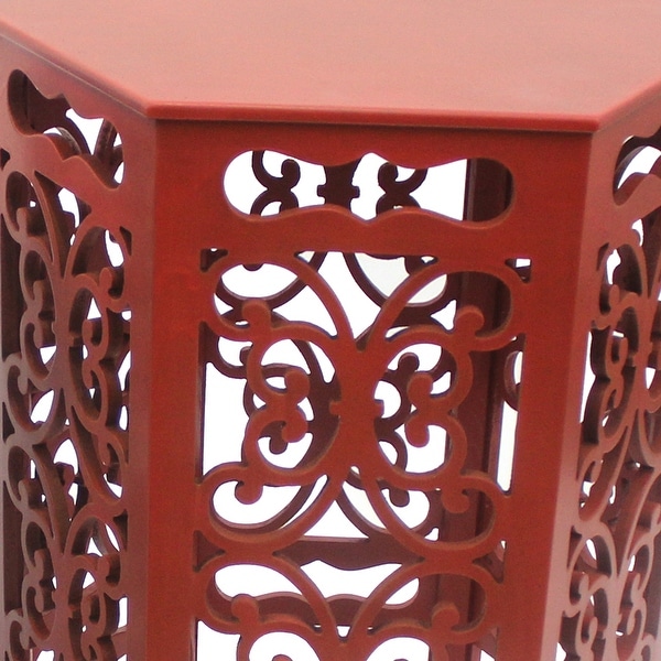 2 Piece Hexagonal Wooden Side Table with Cut Out Details, Red and Blue
