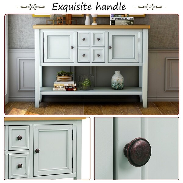 Wooden Console Table with 4 Storage Drawers and 2 Cabinets, Sofa Table with Bottom Shelf and Solid Wood Legs, Lime White