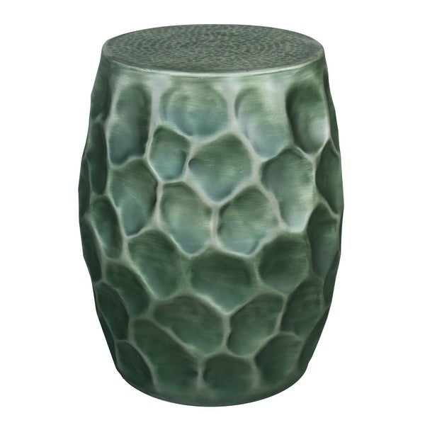 Jed 20 Inch Handcrafted Industrial Round Side Table, Aluminum, Hammered Texture, Antique Burnt Green