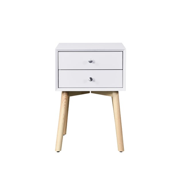Mid-Century Modern Side Table with 2 Drawer, Round Metal Knobs and Rubber Wood Legs, 15.7