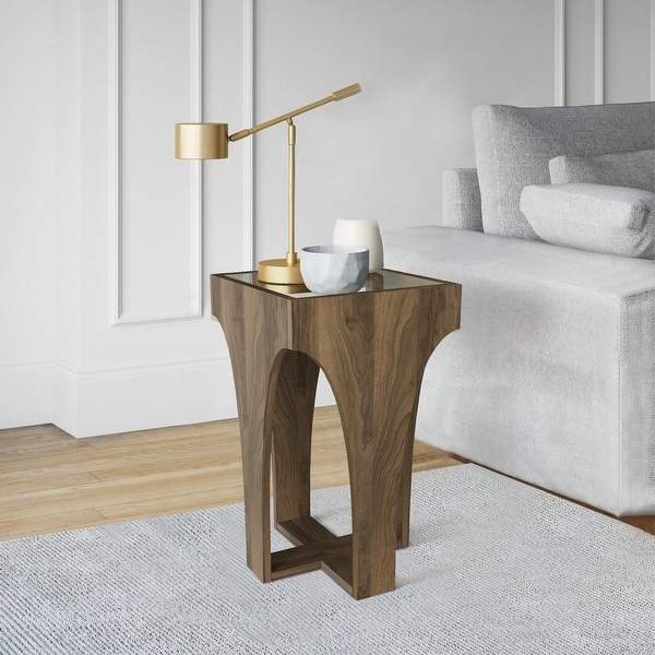 23 Inch Rectangular Glass Top Side Table, Chiseled Arch Panel Legs, Walnut, Smokey Black