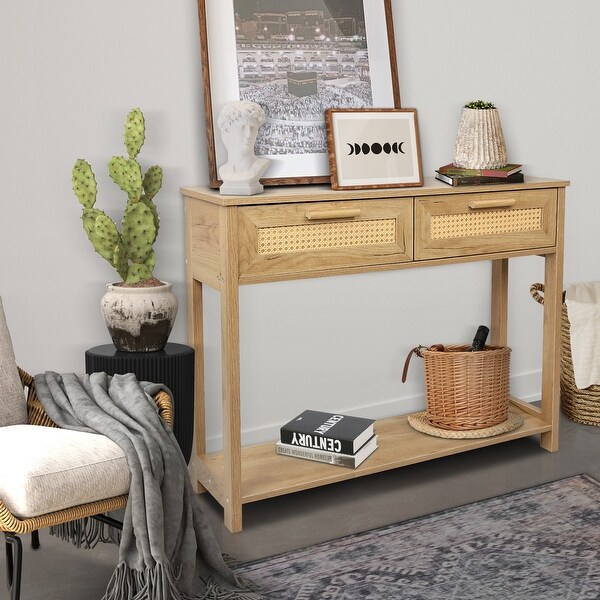 Wooden Console Table with 2 Drawers and Open Bottom Shelf,Natural