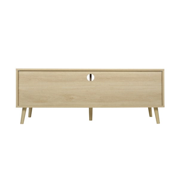 Rattan TV Stand with Solid Wood Feet, TV Console Table for Living Room, Natural