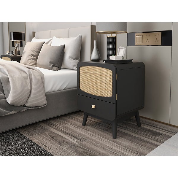 Black Nightstand, Bedside Table with Storage Drawe Rattan Door