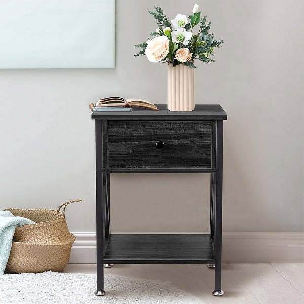 Nightstand with Drawer and Open Storage Shelves, Bedside End Table for Bedroom Living Room