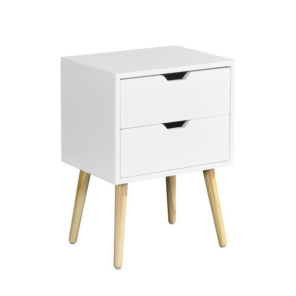 Side Table with 2 Drawer and Rubber Wood Legs, Mid-Century Modern Storage Cabinet for Bedroom Living Room
