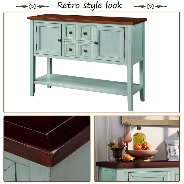 Wooden Console Table with 4 Storage Drawers and 2 Cabinets, Sofa Table with Bottom Shelf and Solid Wood Legs, Retro Blue