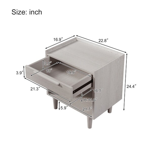 Modern Style Manufactured Wood 1 Drawer Nightstand Side Table with Wood Legs, Stone Gray