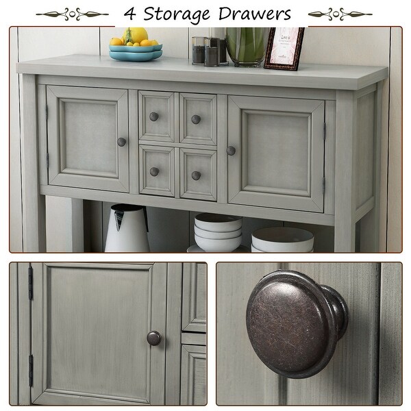 Wooden Console Table with 4 Storage Drawers and 2 Cabinets, Sofa Table with Bottom Shelf and Solid Wood Legs, Antique Gray