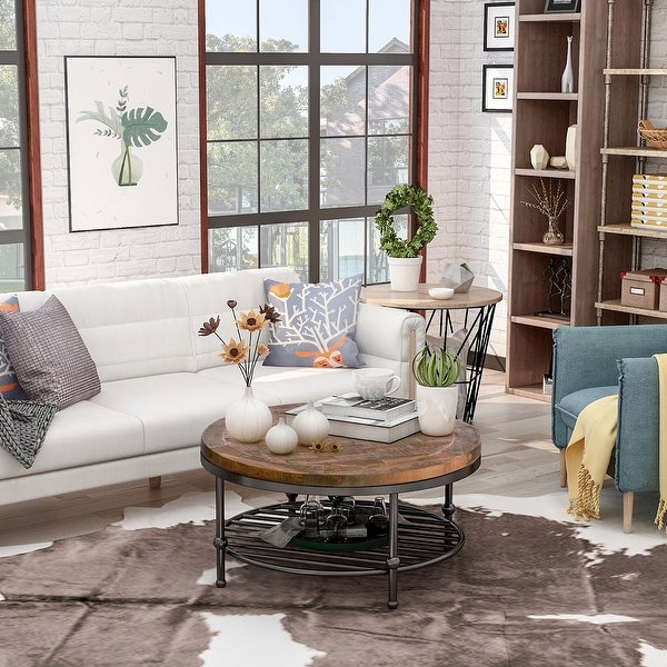 Round Console Table with a Storage Shelf and Solid Iron Support Base, Classic Rustic Coffee Table for Living Room, Easy Assembly