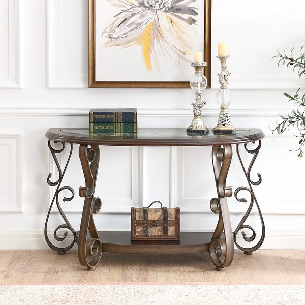 Console Table with Glass Table Top and Powder Coat Finish Metal Legs for Living Room Bedroom ,Dark Brown